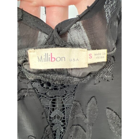 Millibon Lace Mini Dress Size Small 3/4 Sleeve V Neck Black Boho Fairygoth NEW - Picture 4 of 7